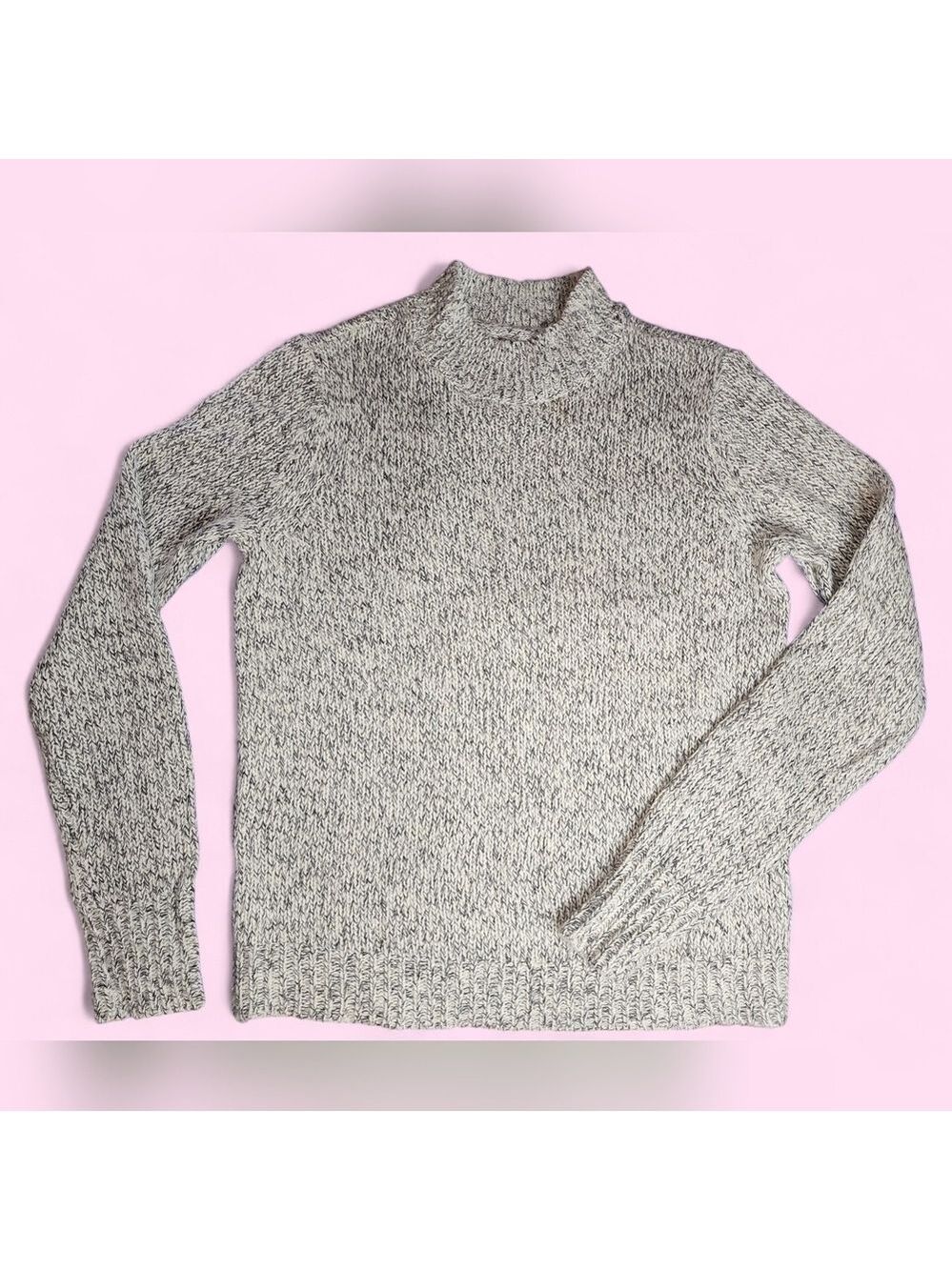 Gray Knitted Mock Neck Pullover Cotton Blend Relaxed Fit Sweater Sz S